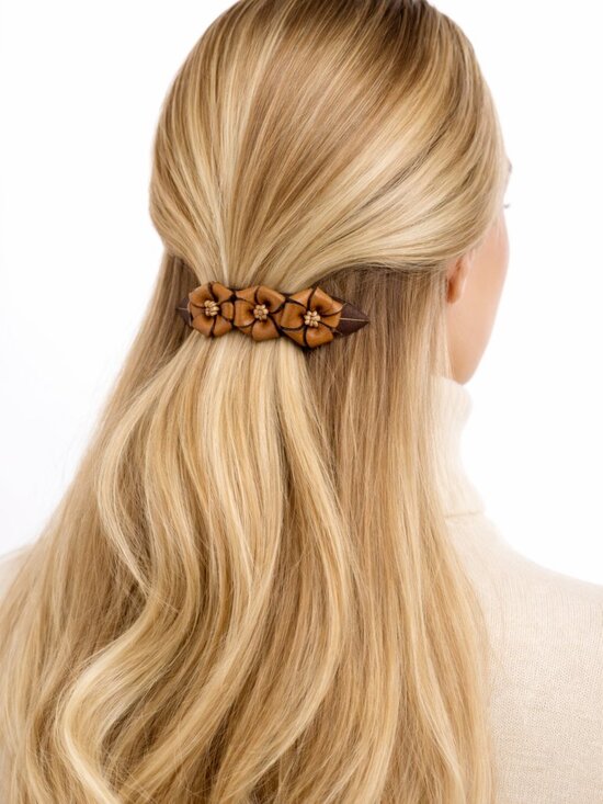 Handmade Leather Neutral Beige/Tan Floral Hair Barrette | Colombian Artisan Clip main image 9